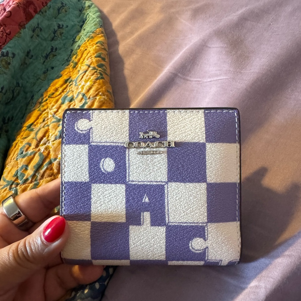 Coach Snap Wallet With Checkerboard In Silver/Light Violet/Chalk Print